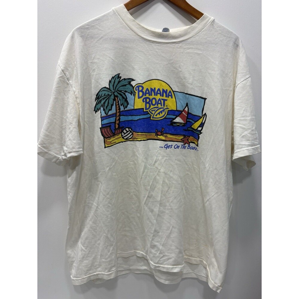 VTG Banana Boat Advertising Single Stitch Graphic T-shirt Sz XL Beach Boat Hanes